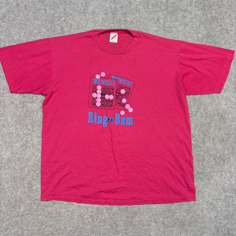 Vintage Jerzees Bingo Bum Graphic T-Shirt Pink Single Stitch Made in USA XL